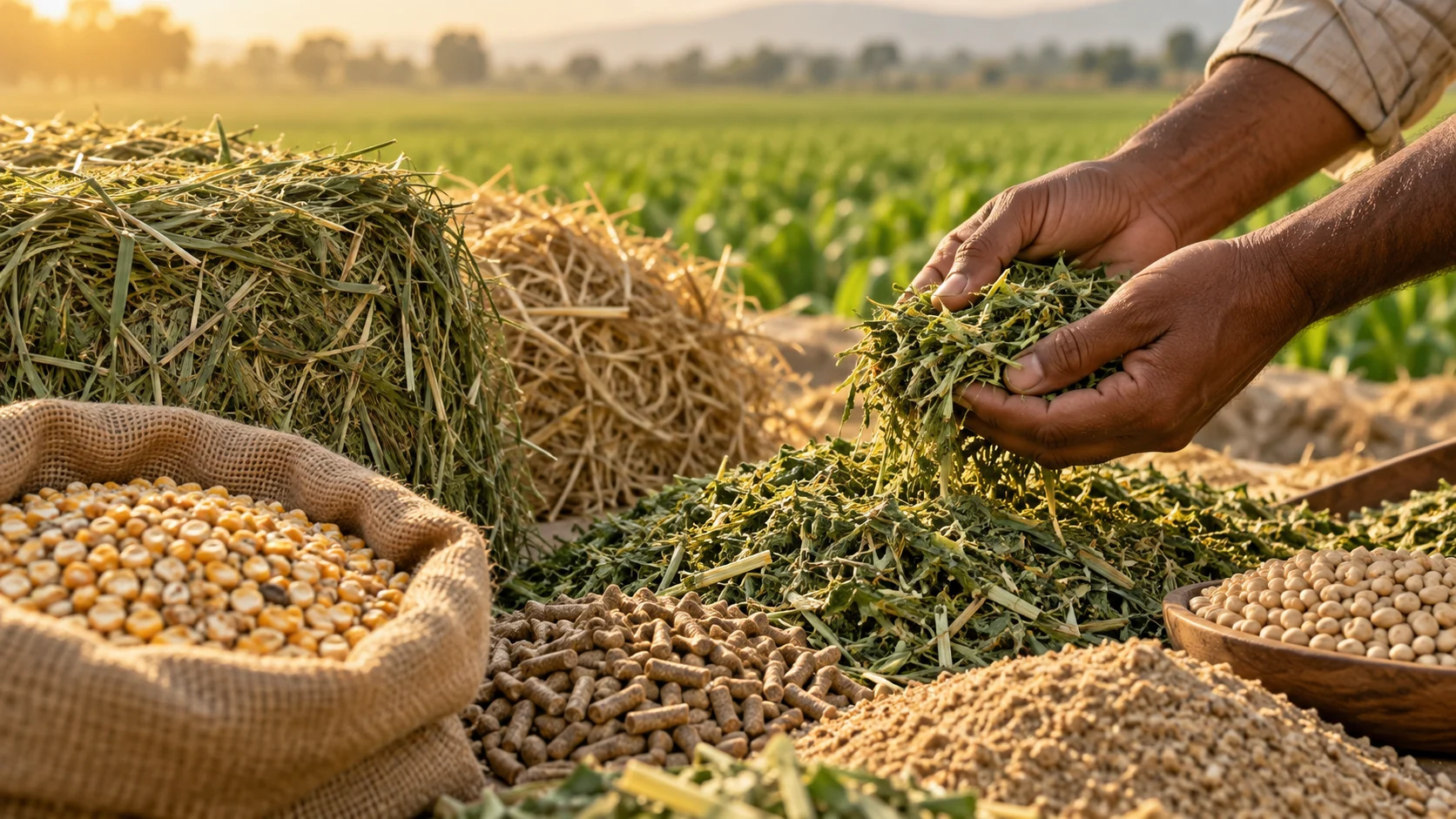 Illustrative storyboard: Anonymous hands inspecting forage beside feed ingredients