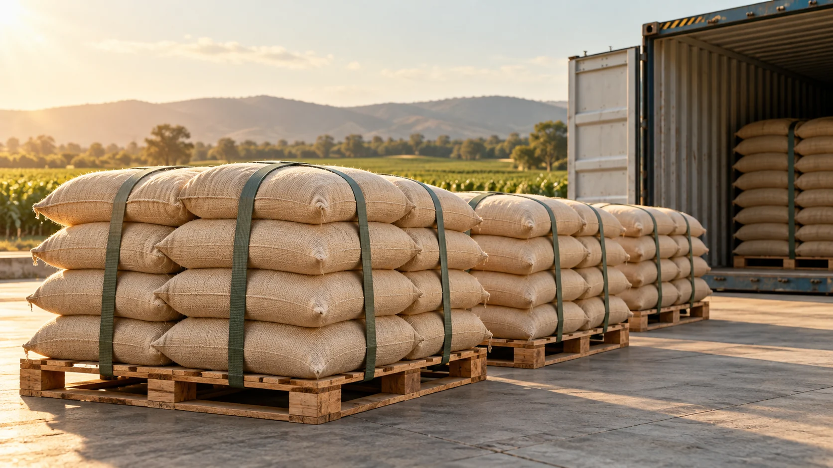 Illustrative storyboard: Unbranded feed sacks secured on pallets beside an open shipping container